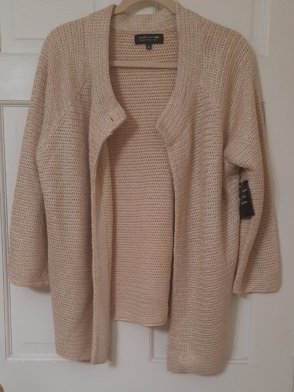 Jones New York Beige One Button Open-Front Knit Cardigan